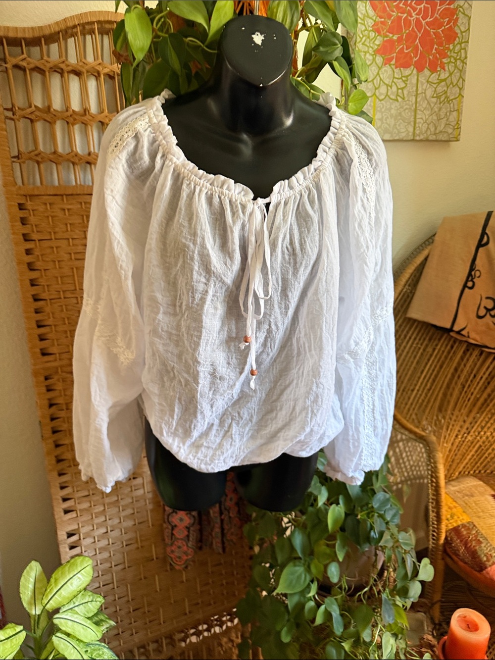 Boho Women’s White Peasant Blouse with beaded Tie Neck - Picture 2 of 5